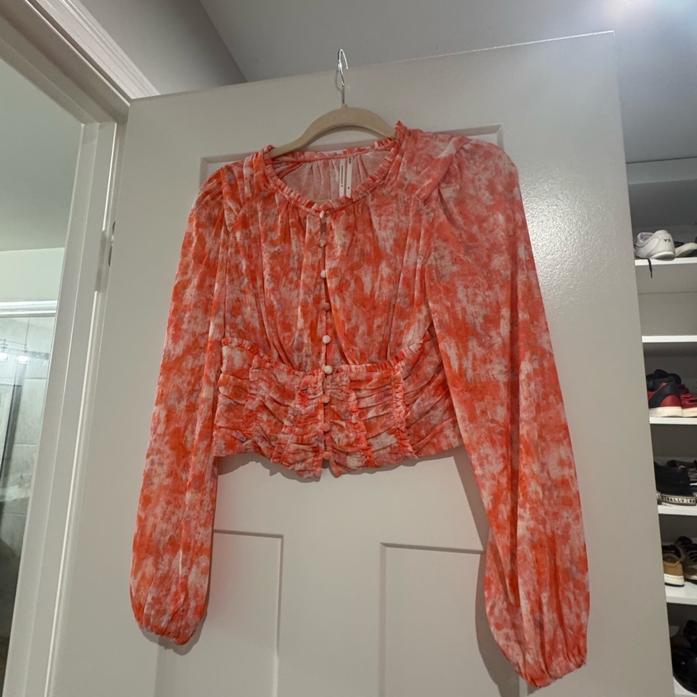 Anthropologie Orange and White Ruffled Blouse